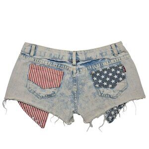 Blue Dog Shorts Womens Large Bleached Denim Distressed Stars‎ Stripes Flag USA